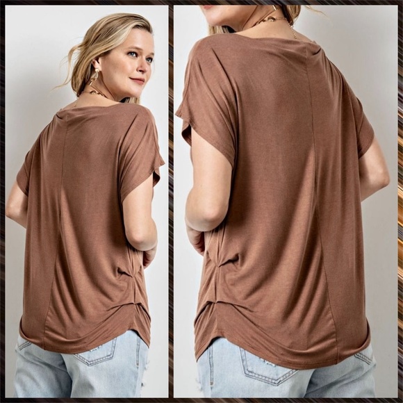 EASEL Ruched Sides Slouchy Short Dolman Sleeves Slinky Boat Neck Top Scooped Hem - Picture 4 of 13